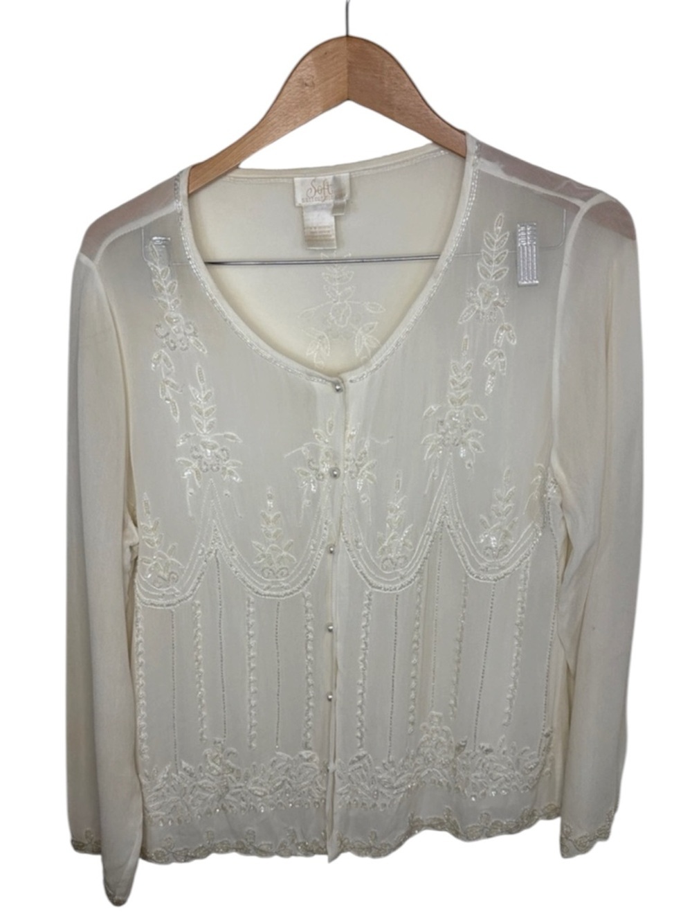 VTG Soft Surroundings White Beaded Sequin Button Sheer Top Women Size L BLEMISH